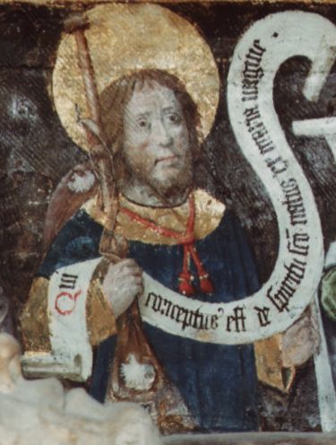Jacobus de Meerdere met reisstaf, schelp en banderol: 'Qui conceptus est de spiritu sancto natus ex maria virgine' (Die ontvangen is van de H. Geest, geboren uit de maagd Maria).