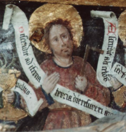 Thomas met winkelhaak en banderol: 'Descendit ad inferna tertia dia resurrexit a mortuis' (Nedergedaald ter helle, de derde dag verrezen uit de doden).