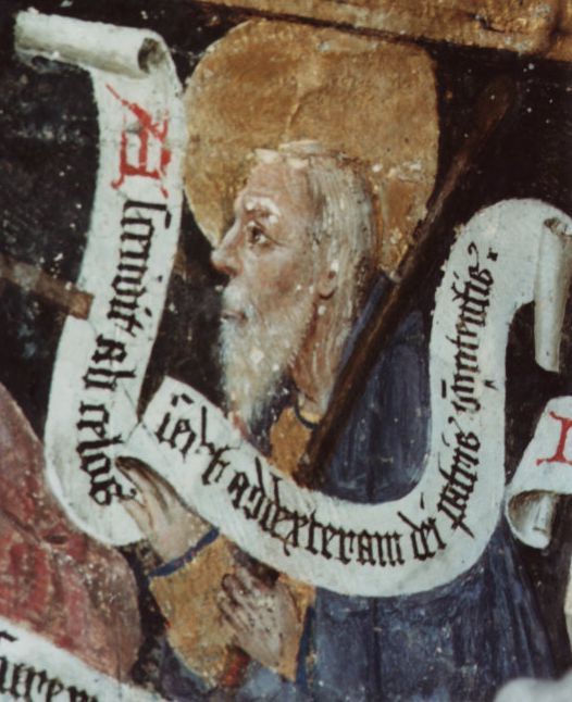 Jacobus de Mindere met vollerstang en banderol: 'Ascendit ad celos sedet ad dexteram dei patris omnipotentis' (Is opgestegen ten hemel, zit aan de rechterhand van God, de almachtige Vader).