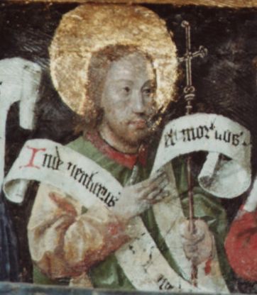Filippus met klein kruis en banderol: 'Inde venturus est iudicare vivos et mortuos' (Vandaar zal Hij komen oordelen de levenden en de doden).