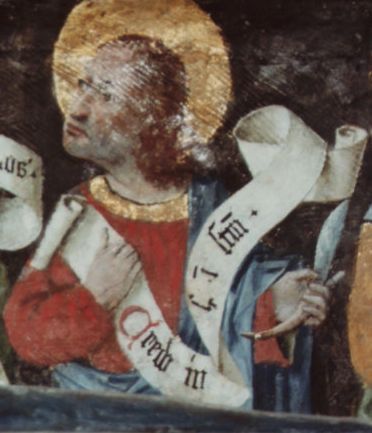 Bartolomeus met mes en banderol: 'Credo in Spiritum Sanctum' (Ik geloof in de Heilige Geest).