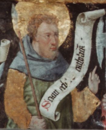 Judas Thaddeus(?) met lans (niet met knots?) en banderol: 'Sanctam ecclesiam catholicam' (De Heilige katholieke kerk).