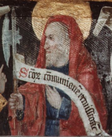 Matthias met bijl en banderol: 'Sanctorum communionem remissionnem peccatorum' (de gemeenschap van de heiligen, de vergeving van de zonden).