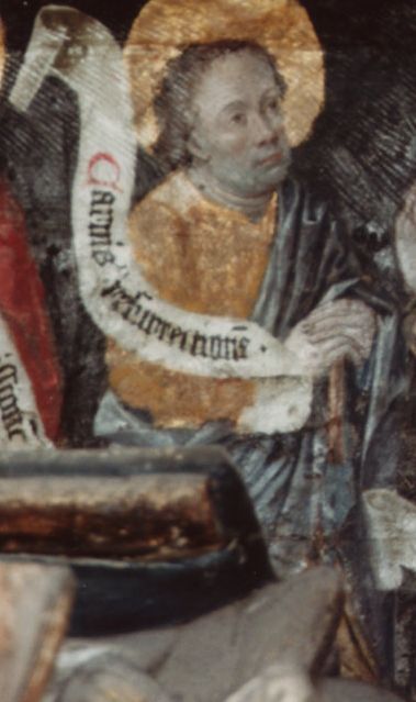 Simon met zaag(?) en banderol: 'Carnis resurrectionem' (De verrijzenis van het lichaam).