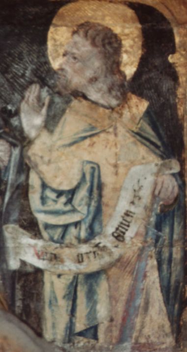 Matteus met zwaard en banderol: 'Vitam aeternum. Amen' (het eeuwig leven. Amen).