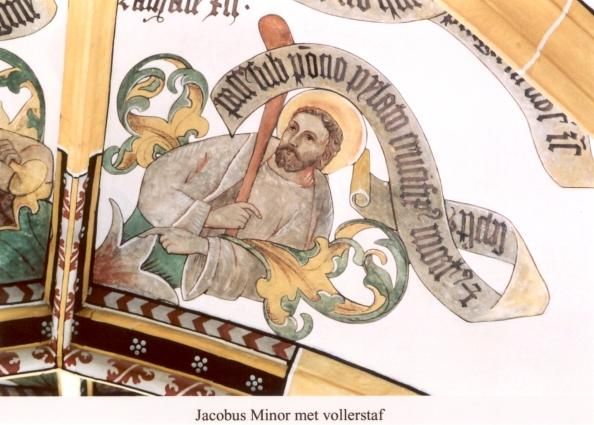 Jacobus de Mindere (Minor) met vollerstang en banderol: 'Passus sub Pontio Pilato crucifixus mortuus en sepultus' (Geleden heeft onder Pontius Pilatus, is gekruisigd, gestorven en begraven).