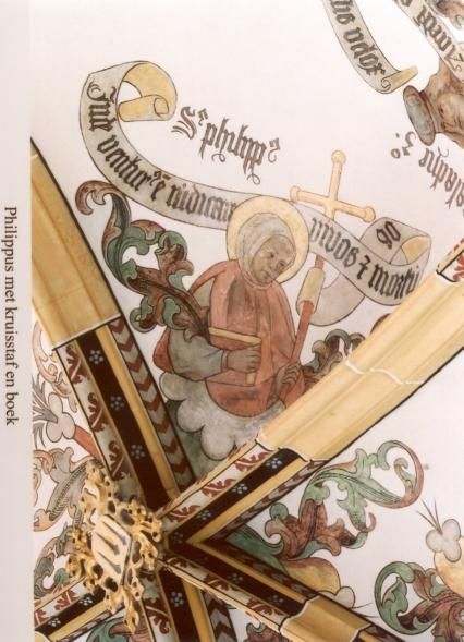 Filippus met klein kruis (en boek) en banderol: 'Inde venturus est iudicare vivos et mortuos' (Vandaar zal Hij komen oordelen de levenden en de doden).