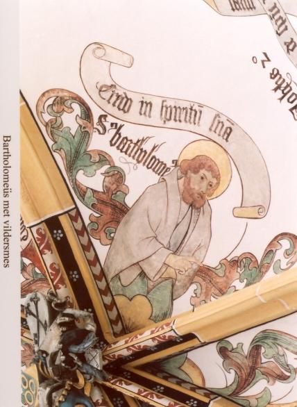 Bartolomeus (niet met mes?) en banderol: 'Credo in spiritum sanctum' (Ik geloof in de Heilige Geest).