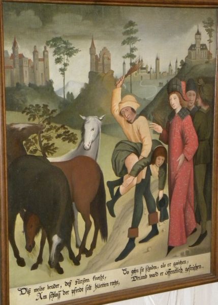 ['De broer van die vrouw, een knecht van de heer, werd geacht de paarden goed te verzorgen. Maar die doen schade als hij er tussen uit is gegaan. Daarom werd hij in het openbaar streng afgeranseld']