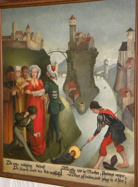 ['Die harde tuchtiging verdroot de min en vermoordde het kind in het slot; en werpt het in de Neckar; het komt bovendrijven; wordt gevonden en in het koor (van de kerk) gelegd']