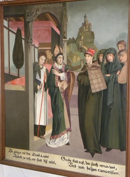 ['Hij (bisschop Humbold) ging te rade bij het domkapittel en vond dit middel.Hij groef het kind op, vernieuwde de sarcofaag en verklaarde haar heilig.']
