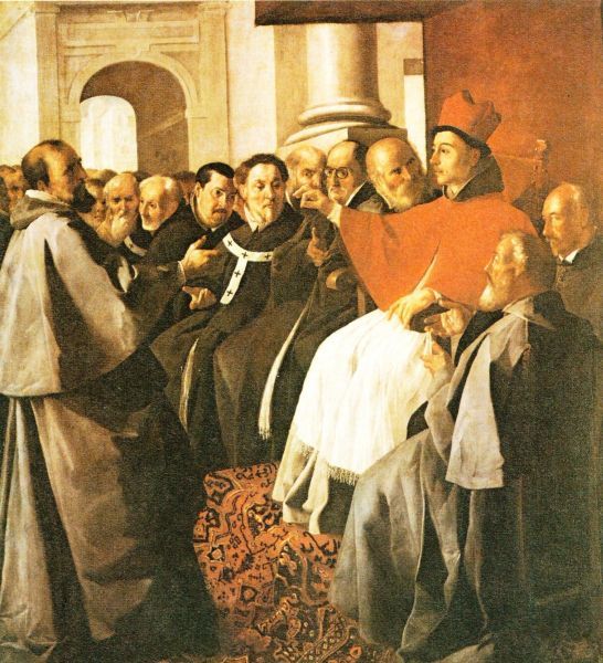 Bonaventura op het concilie van Lyon (1274) ontvangt afgevaardigden van keizer Michael Paleologus van Byzantium (= het huidige Istanbul). vóór 1664, Zurbaran, schilderij.