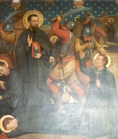 De Z. Ignatius de Azevedo (herkenbaar aan de Madonna-afbeelding die hij vasthoudt) wordt met zijn gezellen door ketters vermoord.