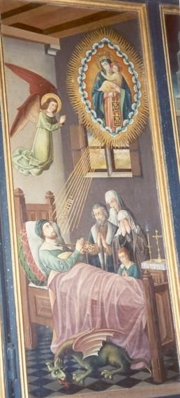 Stervende vertrouwt zich toe aan Maria; duivel druipt af.
