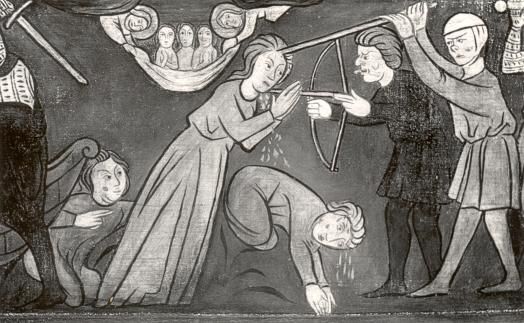Sint Odilla sterft de marteldood. Sint Cordula verbergt zich aanvankelijk, maar volgt Odilla in de dood. Op de achtergrond worden de zielen van Odilia met haar zussen Imma en Ida door engelen in een laken ten hemel opgenomen.