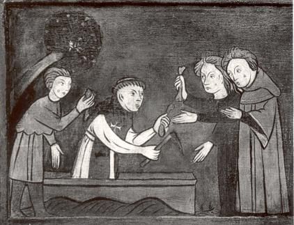 De kruisheer Joannes van Eppa graaft de relieken op van Sint Odilla te Keulen onder een perenboom in de tin van heer Arnulf, die met zijn vrouw vol bewondering toekijkt.
