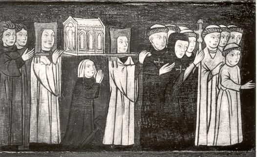 Overbrenging van Odilla's relieken door de kruisheren naar het moederklooster Clair te Huy. Onder de schrijn knieltde maagd Cecilia, die van haar blindheid werd genezen.