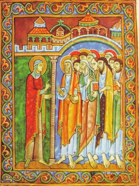 Maria Magdalena gaat aan de leerlingen vertellen dat zij de verrezen Jezus gezien heeft (Johannes 20,18).
