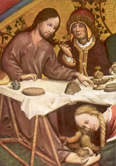 Maria droogt met haar haren Jezus' voeten af.