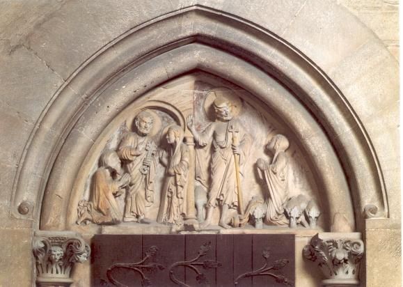Jezus verschijnt na zijn opstanding aan Maria (rechts), waarop zij het aan Petrus gaat vertellen (links).