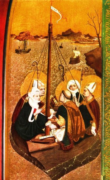 ± 1520, altaarretabel. Duitsland, Tiefenbronn. Maria Magdalena (voor), haar zus Martha (achter), Lazarus (zonder mijter), Maximinus (bisschop links) en Cedon (bisschop rechts) drijven in een bootje van Palestina naar Marseille.