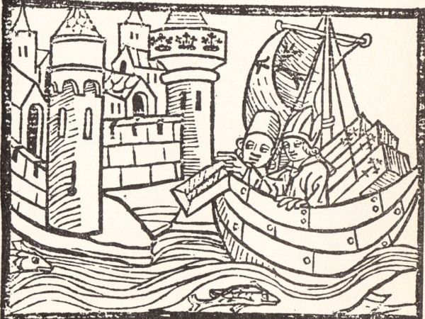Rainald van Dassel (met mijter) en een schipper naderen per boot over de Rijn de stad Keulen, met de kisten van de Drie Koningen, getekend met een kruisje, Duitsland