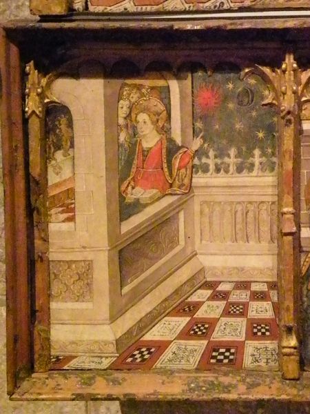 Christina in het geheim onderwezen in de leer van de Drie-Ene God, Schepper van hemel (zij zit voor een altaar en wijst naar zon, maan en sterren op achtergrond) en aarde.
