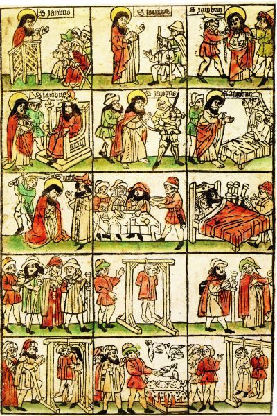 1e rij: 01. Jacobus preekt; 02. geneest lamme(n) & blinde(n); 03. gevangen genomen; 2e rij: 04. voorgeleid aan Herodes Agrippa en ter dood veroordeeld; 05. weggevoerd; 06. geneest zieke 3e rij: 07. marteldood; 3e rij: 08. 3 pelgrims (vader, moeder, zoon) - op weg naar Santiago - logeren in herberg; 3e rij: 09. herbergier verstopt zilver in bagage gasten 4e rij: 10. zoon beschuldigd van diefstal; 11. zoon opgehangen; 12. vader en moeder verder op pelgrimsreis 5e rij: 13. ontdekken bij terugkeer dat zoon nog leeft (al die tijd ondersteund door Jacobus!); 5e rij: 14. de te hulp geroepen rechter zit te eten en gelooft niet dat iemand die zo lang gehangen heeft nog leeft, evenmin als het haantje die hij eet. Waarop het haantje wegvliegt; 5e rij: 15. de herbergier en zijn dochter gehangen