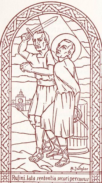... Rufinus veroordeelde hem tot de dood door het zwaard. Maximianus werd opgevolgd door Rufinus. Die persoonswisseling is door de verteller bedacht om de uiteindelijke ter doodveroordeling van Sint Cucufas aannemelijk te maken. Rufinus ging veel directer te werk dan de andere twee rechters. Hij gelastte dat Cucufas onmiddellijk onthoofd moest worden in de legerplaats van Octavianus. De onthoofding was iets anders dan de doodstraffen die Romeinen moesten ondergaan. Zo stierven vele christenen, zoals Paulus († 67; feest 29 jun), Flavius Clemens († 96; feest 22 jun) en anderen. Aanvankelijk was ze voorbehouden aan mensen van adellijke afkomst; later kon iedereen ze opgelegd krijgen.