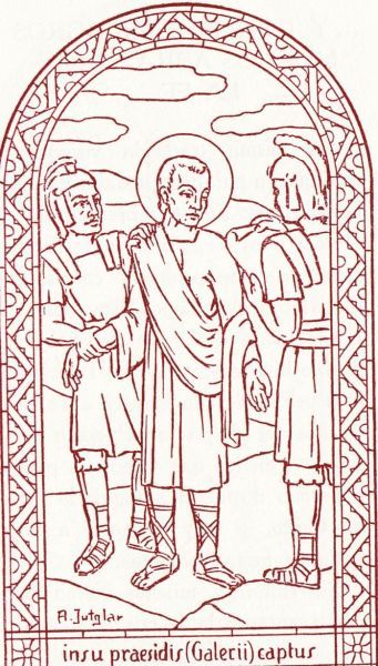 ... op last van stadhouder Galerius gevangen genomen De naam van de eerste persoon die Cucfas vervolgt, luidt Galerius. In het verslag van het martelaarschap van Sint Eulalia († 300(?); feest 12 februari), enige jaren eerder, is er sprake van Dacianus. Pater Flórez zegt dat Dacianus naar Zaragoza was overgeplaatst en dat hij was opgevolgd door Galerius. Het onderhoud dat we aantreffen in de Mozarabische geschriften heeft natuurlijk geen enkele historische pretentie. De krachtige scheldwoorden die zouden zijn geuit door Cucufas, passen een Christen tegenover zijn rechter in het geheel niet. Hoe anders horen we dat bijvoorbeeld bij Sint Cyprianus (van Carthago: † 258; feest 16 sep) en Sint Fructuosus (van Tarragona: † 259; feest 21 jan).