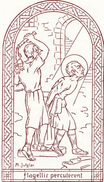 ... ze takelen hem toe met geselslagen. De gerechtelijke procedure van de christen-martelaar zal wel gegaan zijn zoals overal in het Romeinse Rijk sinds het decreet van Trajanus (98-117), waar de geloofsverdediger Tertullianus († na 220) geen spaan van heel laat. De beschuldigde werd ondervraagd over zijn christen-zijn. Als de geloofsgetuige volhardde in zijn overtuiging, werd hij achtereenvolgens onderworpen aan verschillende folteringen met de bedoeling dat hij van opvatting zou veranderen. Zeker in de 3e en 4e eeuw was men er veel meer op uit afvalligen te maken dan martelaars. Dat vinden we ook terug in de Visigotische traditie van Sint Cucufas uit de 4e eeuw.