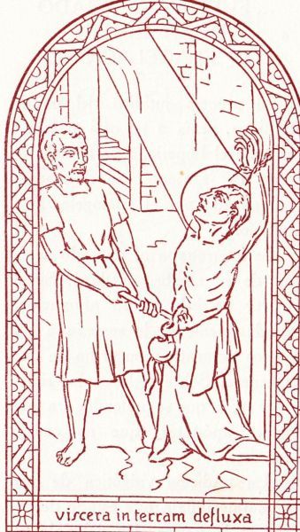 ... zijn ingewanden stromen op de grond. De geseling die Galerius aan Sint Cucufas liet toedienen had tot gevolg dat zijn ingewanden naar buiten kwamen. De overlevering vertelt dat Galerius bij het zien van deze barbarij, stierf van spijt, en dat zijn ondergeschikten verblind achterbleven. Intussen begon Cucufas met verbluffende eenvoud zijn ingewanden weer op hun plaats naar binnen te duwen. Hij was weer volkomen gezond. Het is moeilijk deze gang van zaken die ons door de geschriften worden overgeleverd en getuigen van zo'n slechte smaak, aan te nemen. Hier overschrijdt de verbeelding alle grenzen van goede smaak. Aannemelijk is dat hij gegeseld werd, zonder al die bloederige toestanden waarvan sprake is.