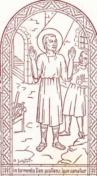 ... tijdens de folteringen zong hij psalmen en werd genezen. Sint Cucufas werd na de folteringen in de gevangenis opgesloten. Daar bracht hij zijn tijd door met het zingen van psalmen voor God. Dat past uitstekend bij wat we in authentieke verslagen over andere martelaren horen: dat men na de eerste folteringen te hebben ondergaan, in heilige hoop uitkeek naar de dood. Zo bijvoorbeeld de martelaren van Lyon († 177; feest 2 jun).