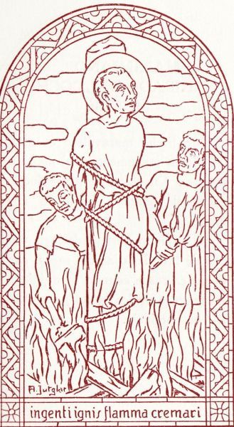... door een gigantisch vuur verbrand De derde foltering van Sint Cucufas was de straf van de brandstapel, opgelegd door Galerius' opvolger Maximianus. Tijdens de vroegste christenvervolgingen liet keizer Nero (54-68) er velen door het vuur ombrengen. Daarna raakte dat enigszins in onbruik. Het duurde lang voordat de doodstraf door middel van de brandstapel in het Romeinse rechtssysteem werd ingevoerd. In de 4e eeuw hoorde ze er gewoon bij, en werd al naargelang de wreedheid van de vervolgers in meer of minder hevige mate ten uitvoer gebracht.