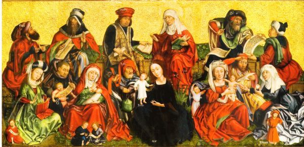Bovenste rij v.l.n.r.: Emyu (of Enim) - Cleophas (2e man Anna) - Joachim (1e man Anna) - ANNA - Salomas (3e man Anna) - Zacharias Eronder v.l.n.r.: Memelia (+kindje Servatius) - Alfeus (+kindje Jacobus Jr, later apostel) - Maria Cledofas (+aan borst: Justus +kindjes vóór zich: Simon+Judas: later apostelen) - Jozef (+kindje JEZUS) - MARIA - Maria Salome (+kindje onder slip: Jacobus Sr + op schoot Johannes, later evangelist: later apostelen) - Zebedeus (vader van Johannes en Jacobus) - Elisabeth (+appel+vóór zich kindje Johannes de Doper.