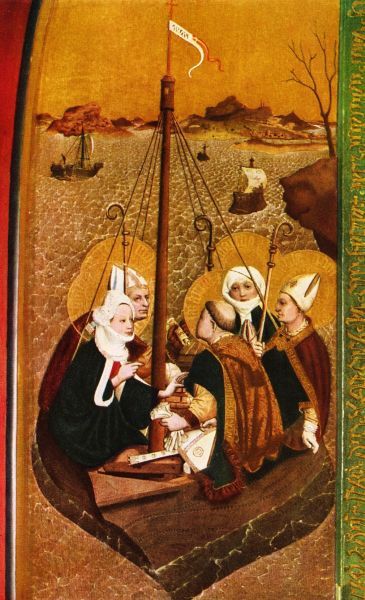 ± 1520, altaarretabel. Duitsland, Tiefenbronn. Maria Magdalena (voor), haar zus Martha (achter), Lazarus (zonder mijter), Maximinus (bisschop links) en Cedon (bisschop rechts) drijven in een bootje van Palestina naar Marseille.