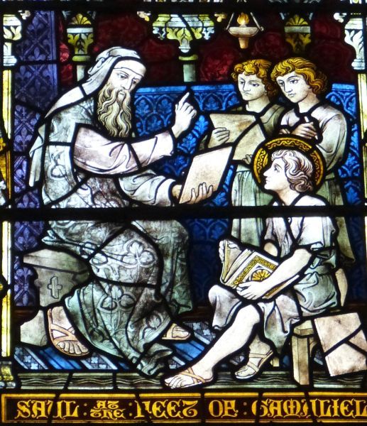 De jonge Saulus (de latere apostel Paulus: met heiligenkransje) als leerling aan de voeten van Gamaliël