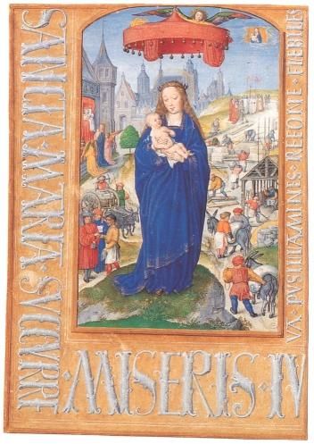 Brevarium Mayer van den Bergh. Centraal op dit tafereel staat Maria met het kind Jezus. Achter Maria vertellen kleine figuurtjes haar legende. Johannes, een rijke patriciër uit Rome had geen nakomelingen en wist niet wat met zijn geld te doen. Op een nacht verschenen hem Maria en het kind. Zij vroegen hem een kerk te bouwen op de plaats waar de volgende ochtend het plan ervan met sneeuw getekend zou zijn, alhoewel het zomer was. En inderdaad. De paus, aan het hoofd van een stoet, kwam zich van het wonder vergewissen en liet de werken meteen starten. Zo ontstond de eerste Mariakerk.