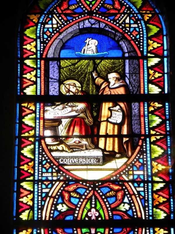 De jonge filosoof Sixtus (met heiligenkransje) hoort van de filosofie van Christus en bekeert zich ('conversion'). Op het papier van de geestelijke: 'Deus solus' (God alleen).