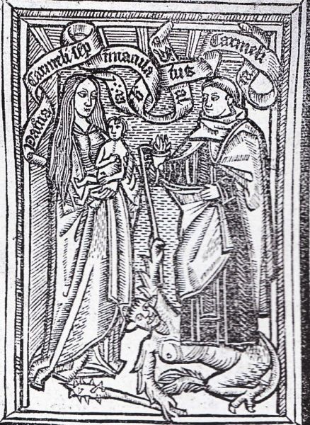'Patrona Carmeli semper Immaculata' (= Patrones van de Karmel, altijd Onbevlekt) Maria met Kind verschijnt aan Albertus, die op een duivel met knots staat