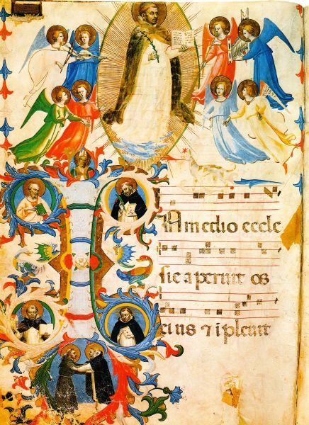 Dominicus opgenomen in hemelse glorie. Helemaal onderaan: ontmoeting Dominicus met Franciscus van Assisi.