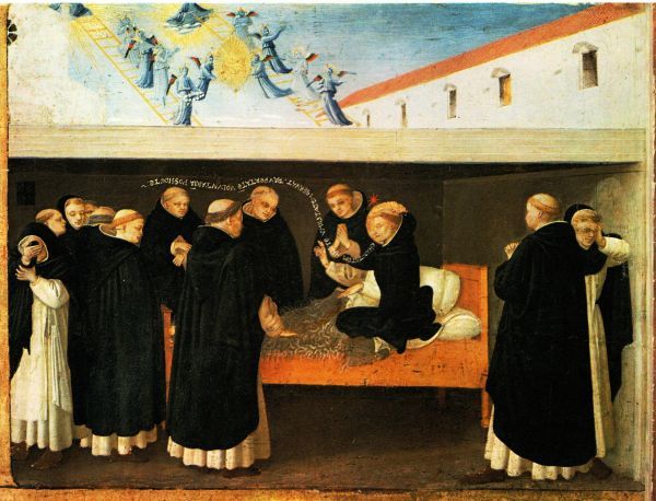Dood van Sint Dominicus. Hij zit rechtop in kussens op een haren kleed (teken van boete). Zijn laatste woorden luiden: 'Charitatem habete; humilitatem servat(e); paupertatem volutariam possidete.' (Hebt liefde; bewaart de nederigheid; bezit de vrijwillige armoede) Boven voeren engelen langs ladders een gouden mandalla waarin de H.Maagd met de ziel van Dominicus, naar de hemel. vóór 1455, Fra Angelico, paneelschildering.