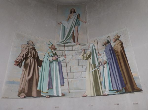 van links naar rechts: Sint Aidan van Lindisfarne (31 aug), Sint Patrick van Ierland (17 mrt), Sint Bridget van Kildare (01 feb), Sint Kilian van Würzburg (08 jul) en Sint Felim van Kilmore (09 aug) aanbidden Christus.
