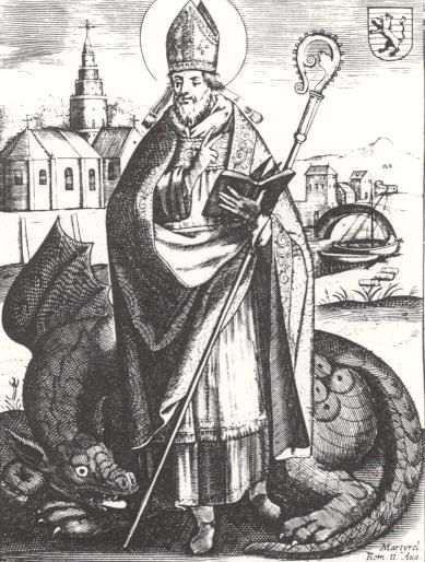 Illustratie in Martyrol.Rom. De draak aan zijn voeten is het symbool van het heidendom.