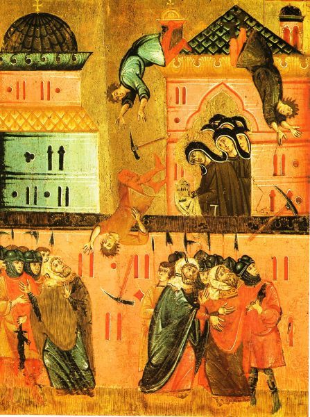 Clara weert een aanval van de Saracenen op Assisi af door de monstrans te heffen. Volgens de kunstenaar waren de aanvallers al tot op het dak gekomen. Dat geeft hem de mogelijkheid hen van omhoog naar beneden te doen storten. Hoogmoed komt voor de val! De machteloos geworden, omlaag stortende pikhouwelen accentueren het dramatisch effect. Bovendien kan hij de angst van de inwonbers van Assisi benadrukken: zij moeten uitkijken dat de aanvallers niet op hen neerkomen, klampen zich aan elkaar vast en deinzen achteruit. Zij worden gedomineerd (!) door Clara en haar medezusters.