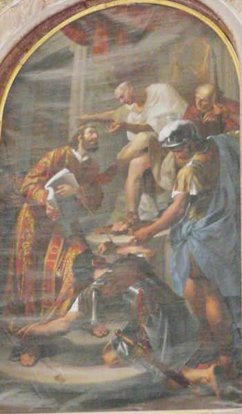 Euplus, in de tuniek van de diaken en met de boeken onder de arm, weigert aan de vertegenwoordiger van de keizer de Romeinse goden te vereren. Ca 1725, schilderij, Morgatello