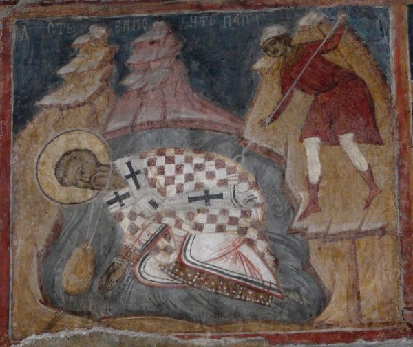Bijschrift: 'Eapolyte, papa' (= Hippolytus, paus). Hij wordt met een zak om zijn nek verdronken in de Tiber.
