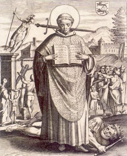 Illustratie. Door zijn hals steekt het zwaard dat verwijst naar zijn gewelddadige dood. Onder zijn voeten bevindt zich een koningsfiguur met kroon en scepter: koning Radboud van Friesland. Een ander attribuut is het vernielde afgodsbeeld.