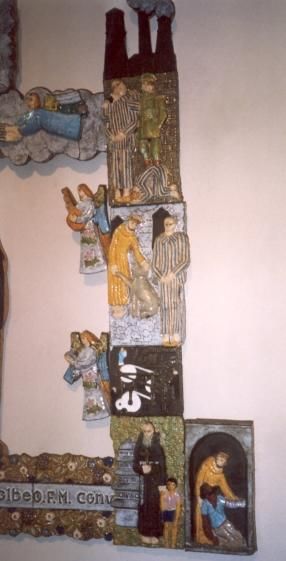 Maximiliaan Kolbe omringd door scenes uit zijn leven.