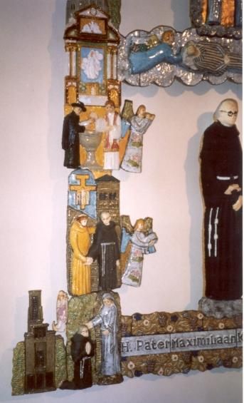Maximiliaan Kolbe omringd door scenes uit zijn leven.